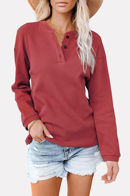 Casual Solid Buckle O Neck Tops(6 Colors)
