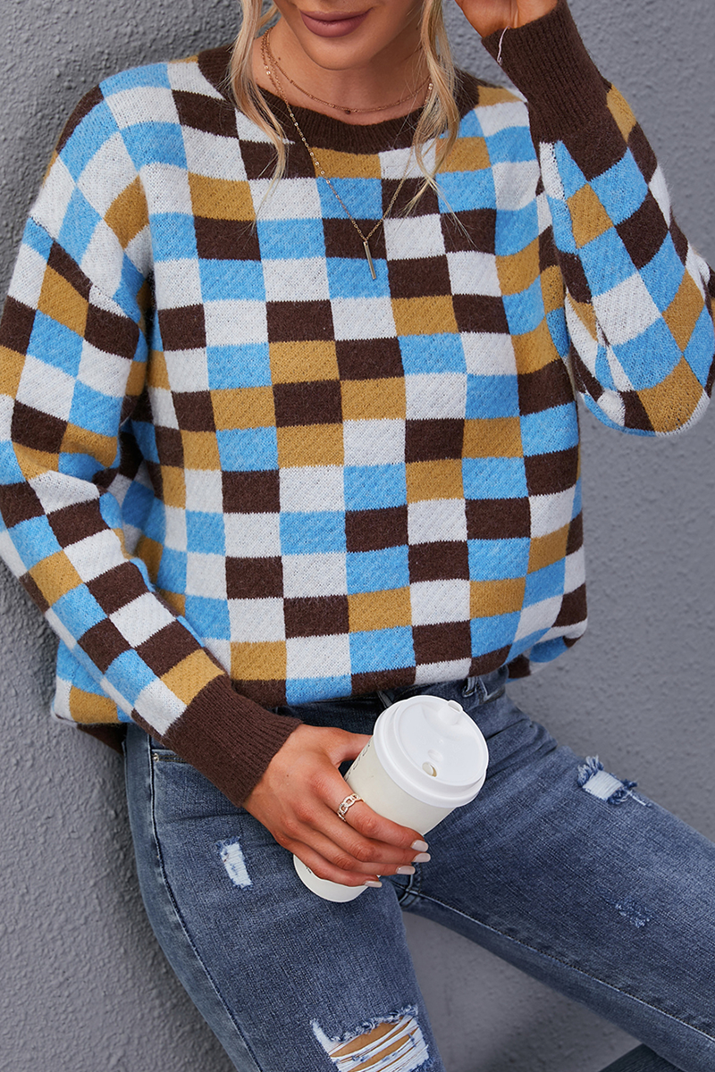 Casual Plaid Patchwork O Neck Sweaters