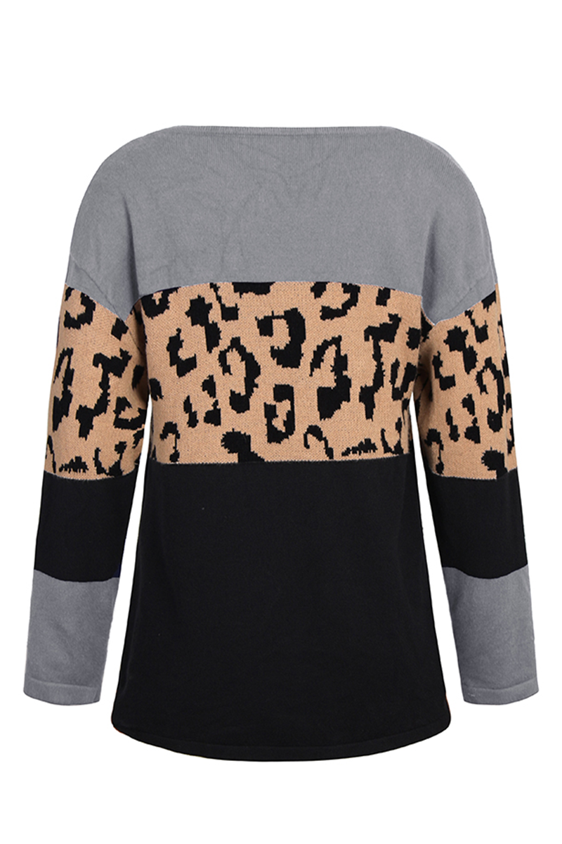 Casual Leopard Patchwork Contrast O Neck Sweaters(4 Colors)