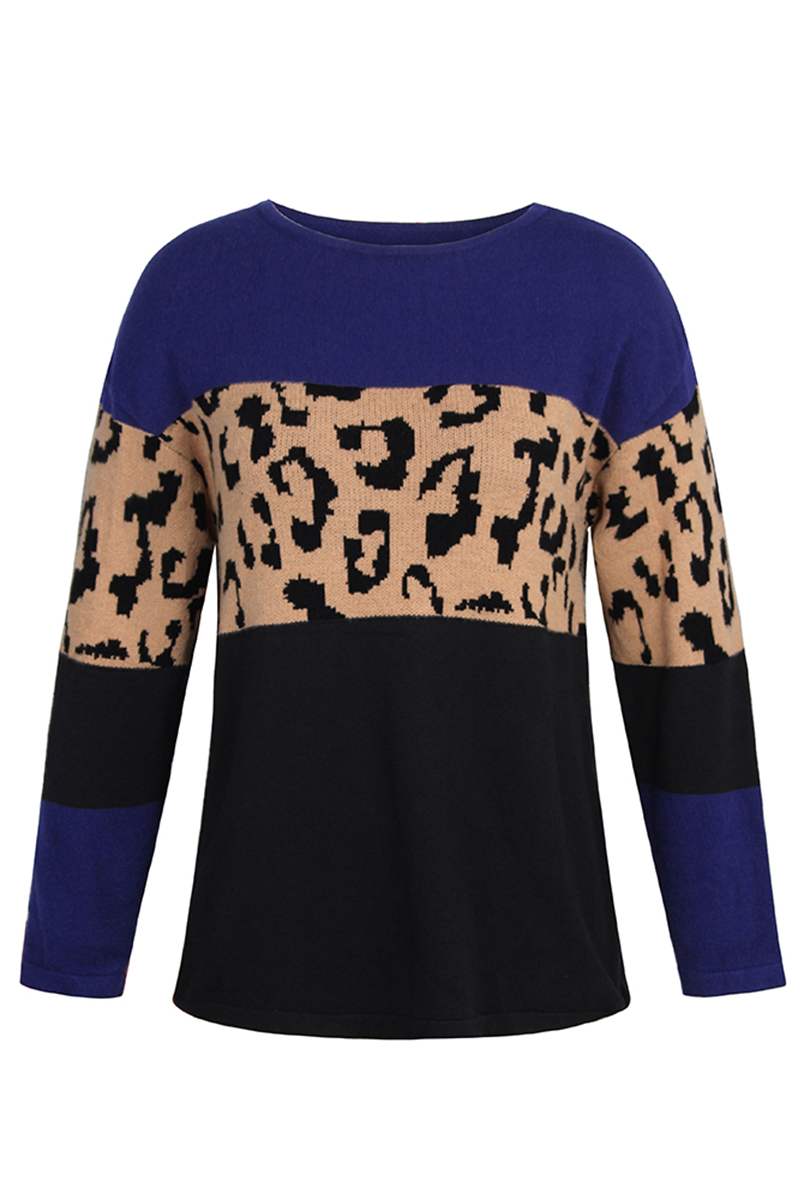 Casual Leopard Patchwork Contrast O Neck Sweaters(4 Colors)