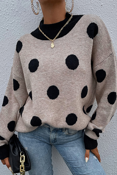 Dot Patchwork Contrast O Neck Sweater(5 Colors)