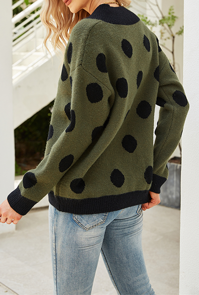 Casual Polka Dot Patchwork Contrast V Neck Sweaters(3 Colors)