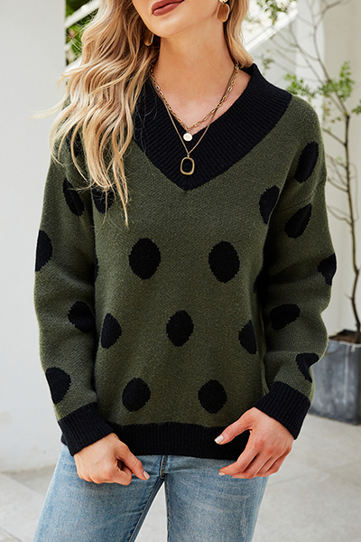 Casual Polka Dot Patchwork Contrast V Neck Sweaters(3 Colors)