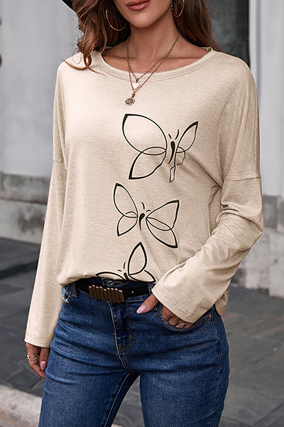Casual Butterfly Print Patchwork Basic O Neck Tops