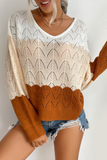 Casual Patchwork Hollowed Out Contrast V Neck Sweater