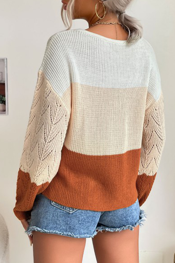 Casual Patchwork Hollowed Out Contrast V Neck Sweater