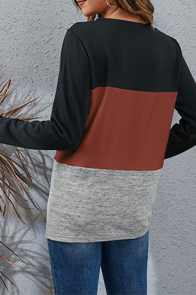 Casual Patchwork Basic  Contrast O Neck Tops