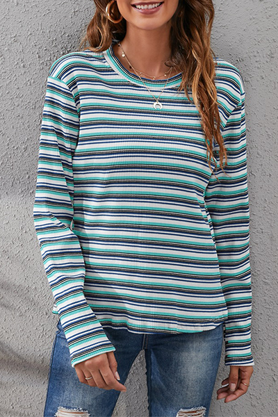 Casual Striped Split Joint Basic O Neck Tops
