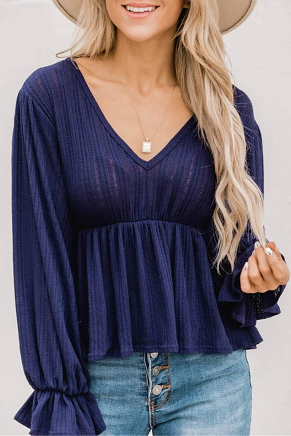 Casual Solid Patchwork Fold V Neck Tops(4 Colors)