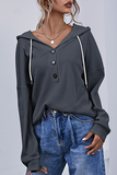 Casual Solid Draw String Buttons Hooded Collar Tops(3 Colors)