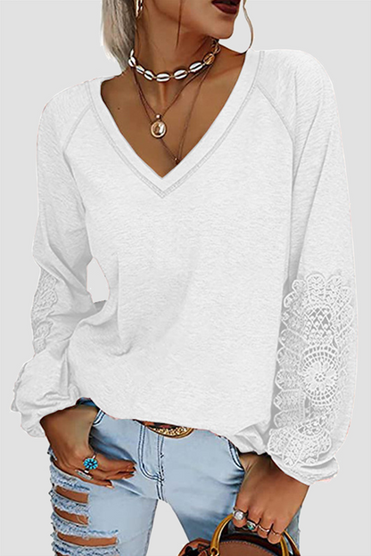 Casual Solid Lace Patchwork V Neck T-Shirts(6 Colors)