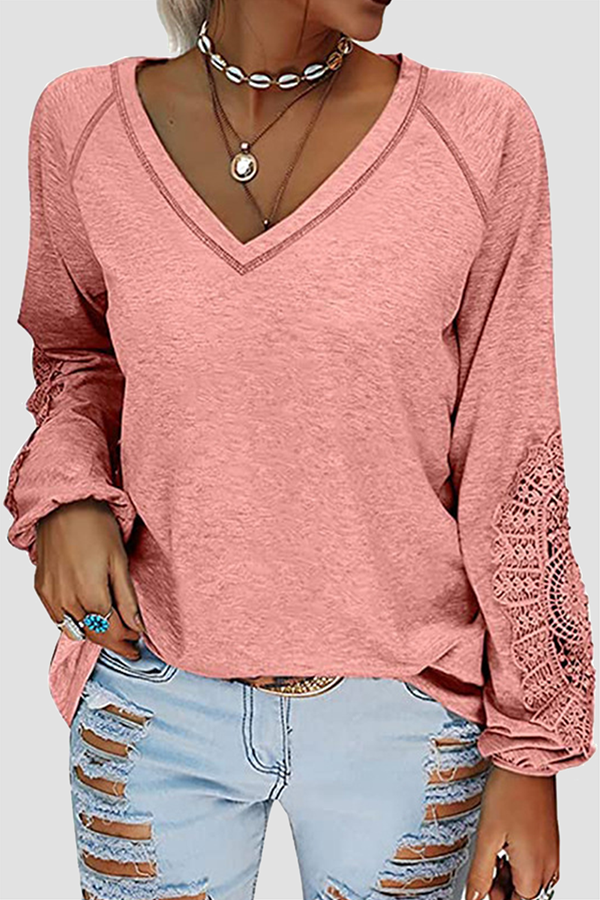 Casual Solid Lace Patchwork V Neck T-Shirts(6 Colors)
