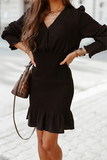 Casual Solid Flounce Fold V Neck One Step Skirt Dresses(4 Colors)
