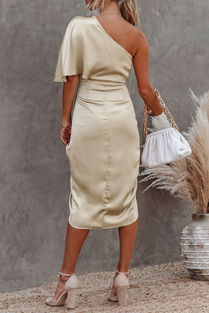 Elegant Solid Fold Oblique Collar Evening Dress Dresses(5 Colors)