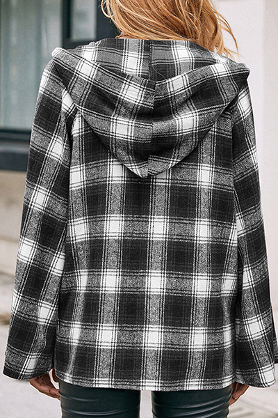 Casual Plaid Draw String Pocket Hooded Collar Outerwear