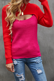 Elegant Patchwork Hollowed Out Contrast O Neck Tops Sweater