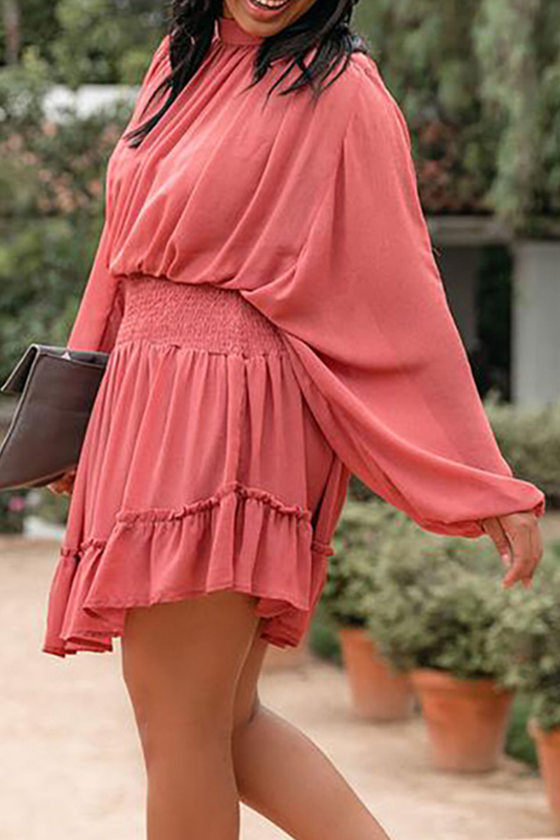 Fashion Casual Solid Flounce Fold Half A Turtleneck Waist Skirt Dresses