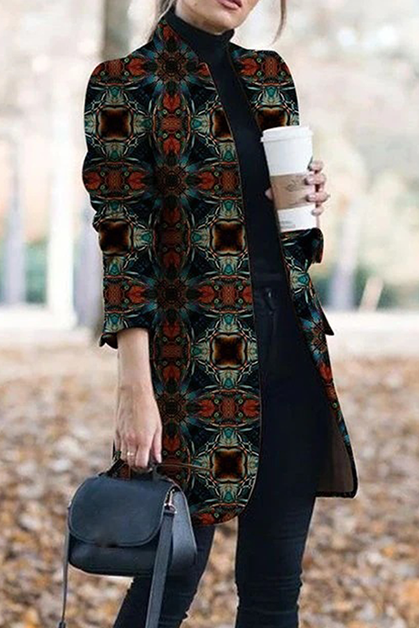 Casual Print Patchwork Buttons Turn-back Collar Outerwear(9 Colors)