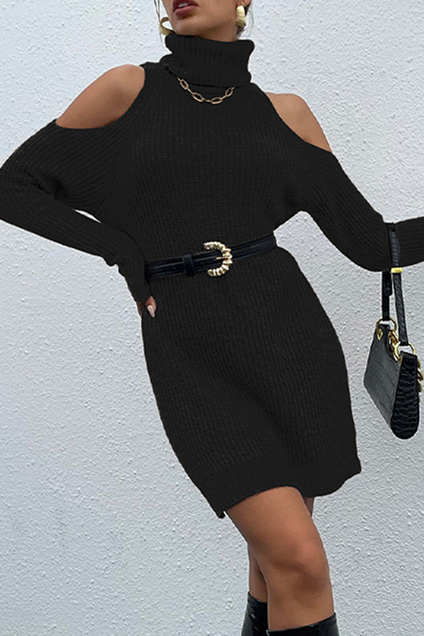 Casual Elegant Solid Hollowed Out Patchwork Turtleneck Dresses Sweater (Without Belt)