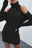 Casual Elegant Solid Hollowed Out Patchwork Turtleneck Dresses Sweater (Without Belt)