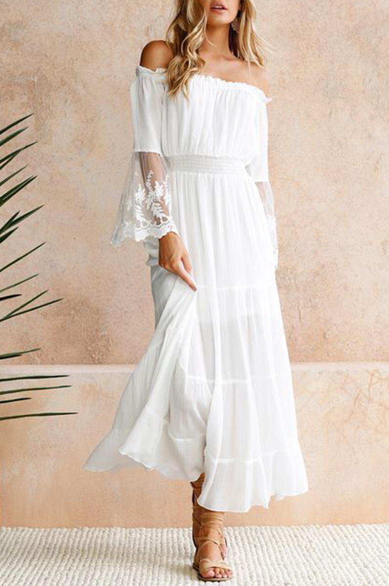 Fashion Elegant Solid Lace Patchwork Off the Shoulder A Line Dresses