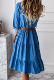 Fashion Solid Buckle With Belt Turndown Collar Cake Skirt Dresses