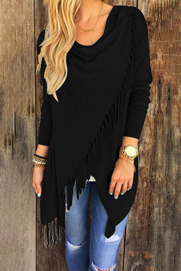 Casual Solid Tassel Patchwork Slit Asymmetrical Collar Tops