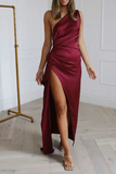 Fashion Elegant Solid Patchwork Slit Oblique Collar Evening Dress Dresses