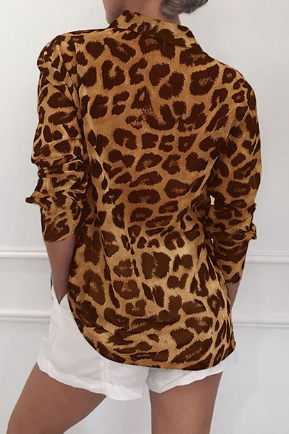 Casual Leopard Buckle Turndown Collar Tops(4 Colors)