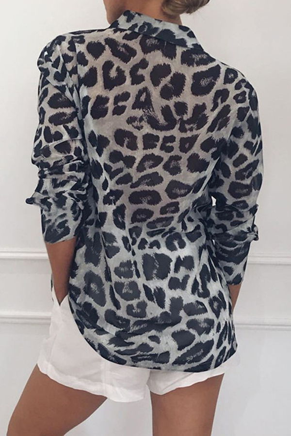 Casual Leopard Buckle Turndown Collar Tops(4 Colors)