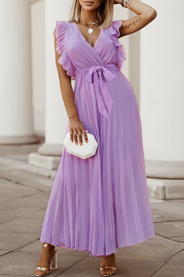 Elegant Solid Flounce Strap Design V Neck Pleated Dresses(5 Colors)