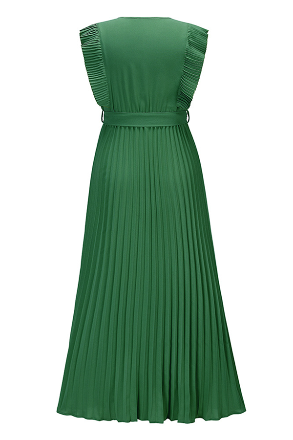 Elegant Solid Flounce Strap Design V Neck Pleated Dresses(5 Colors)