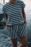 Casual Striped Split Joint Pocket O Neck Short Sleeve Two Pieces