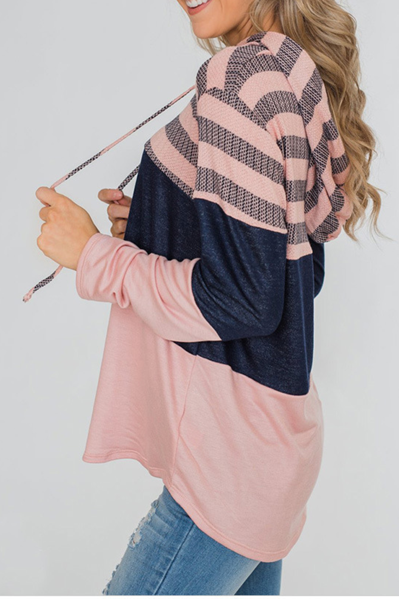 Casual Striped Split Joint Hooded Collar Tops(4 Colors)