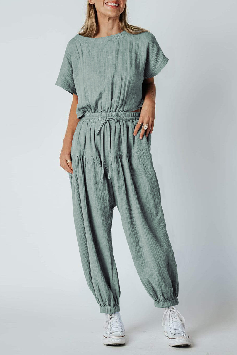 Casual Solid Split Joint O Neck Harlan Jumpsuits