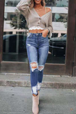 Casual Solid Ripped Mid Waist Skinny Denim Jeans