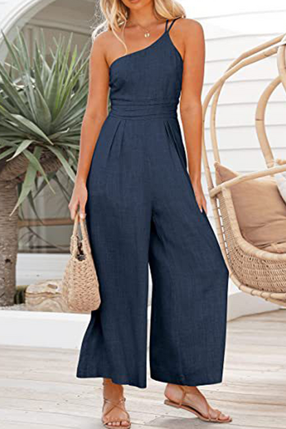 Fashion Solid One Shoulder Straight Jumpsuits(12 Colors)