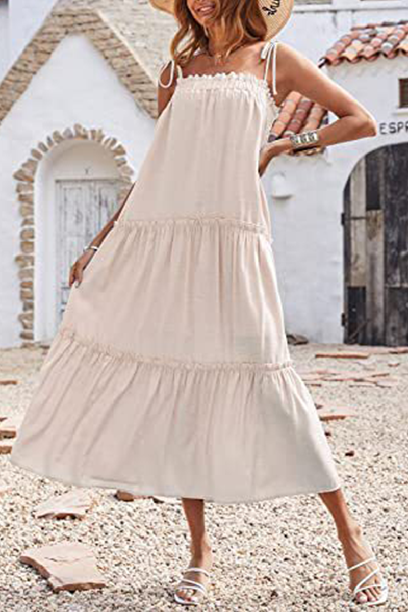 Casual Solid Flounce Spaghetti Strap Cake Skirt Dresses(6 Colors)
