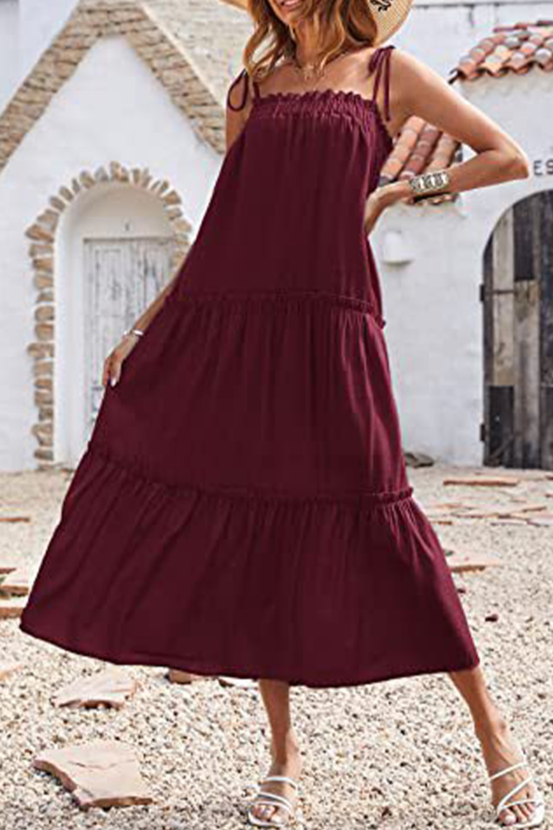 Casual Solid Flounce Spaghetti Strap Cake Skirt Dresses(6 Colors)