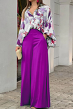 Fashion Print Split Joint Turndown Collar Long Sleeve Two Pieces(4 Colors)