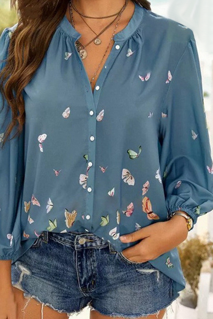 Casual Print Draw String V Neck Tops(5 Colors)