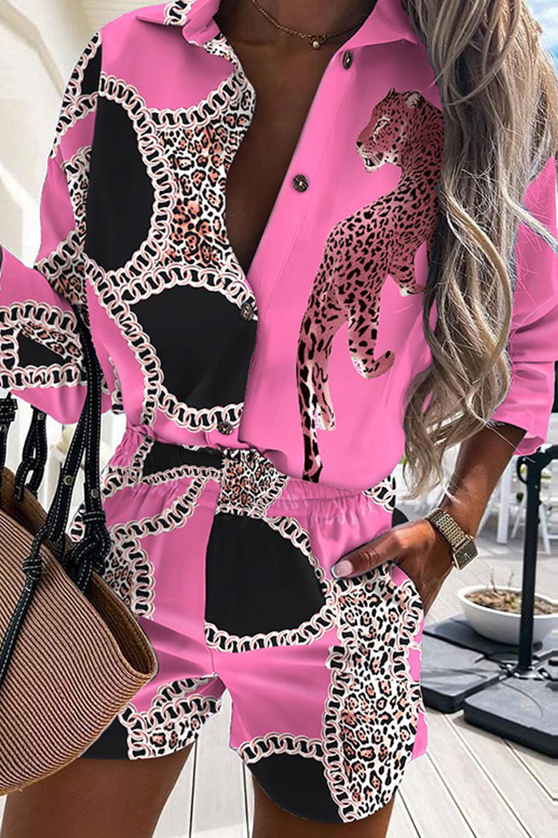 Fashion Print Patchwork Turndown Collar Long Sleeve Two Pieces(4 Colors)