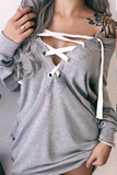 Casual Solid Draw String V Neck Tops(3 Colors)