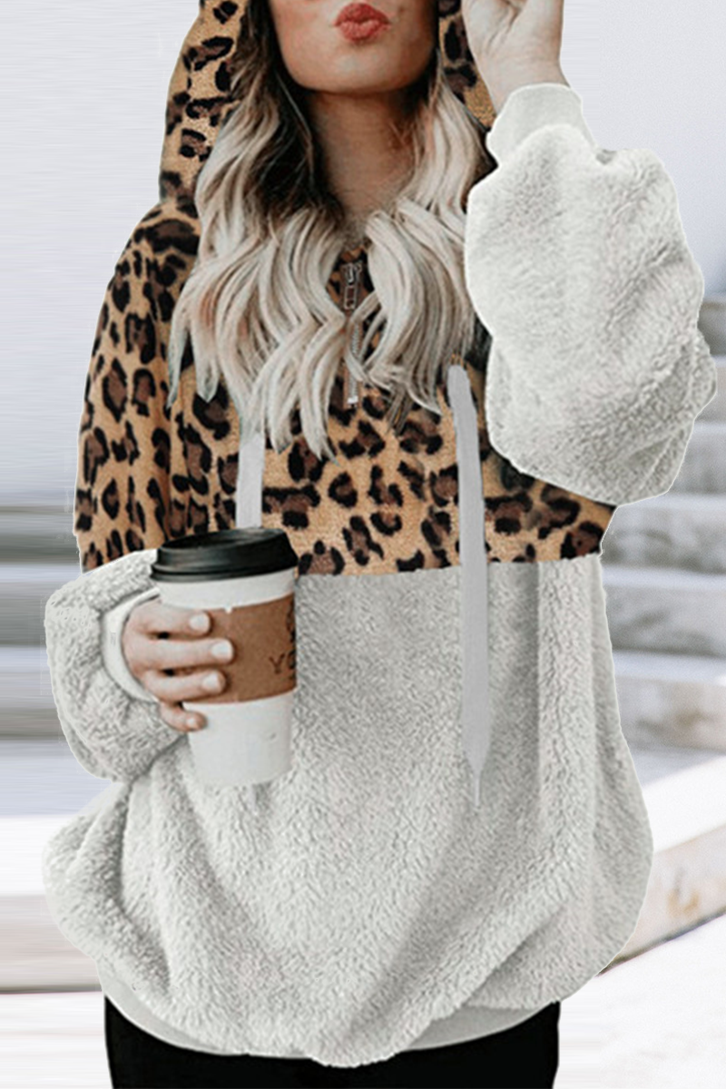 Casual Leopard Patchwork Hooded Collar Tops(5 Colors)