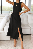 Casual Solid Hollowed Out O Neck Waist Skirt Dresses(5 Colors)