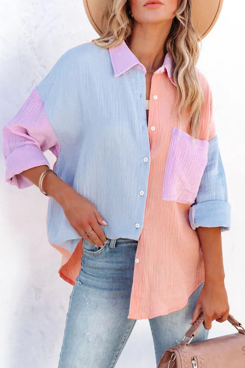 Casual Solid Patchwork Turndown Collar Tops(4 Colors)