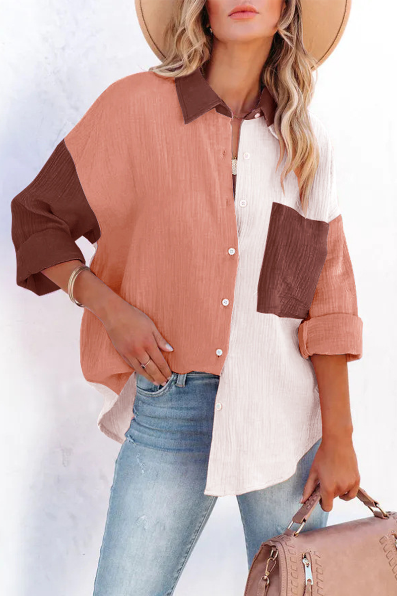 Casual Solid Patchwork Turndown Collar Tops(4 Colors)