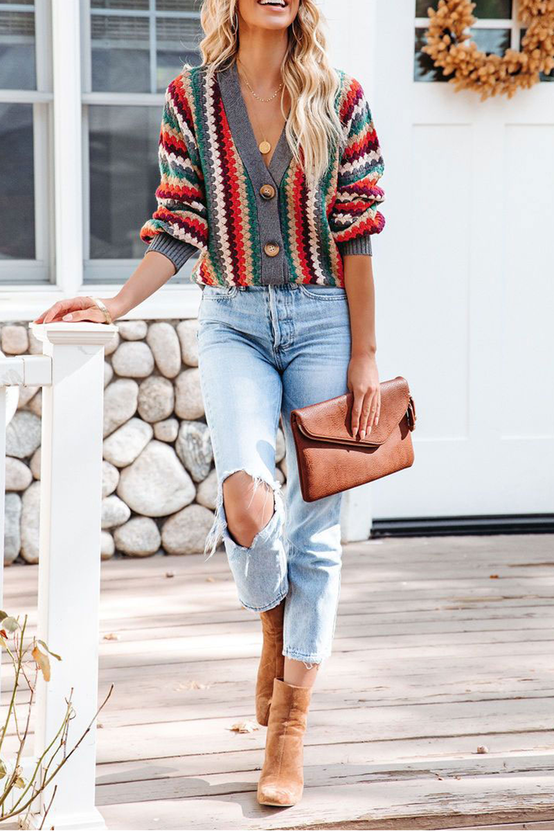 Casual Striped Patchwork Cardigan Collar Sweater