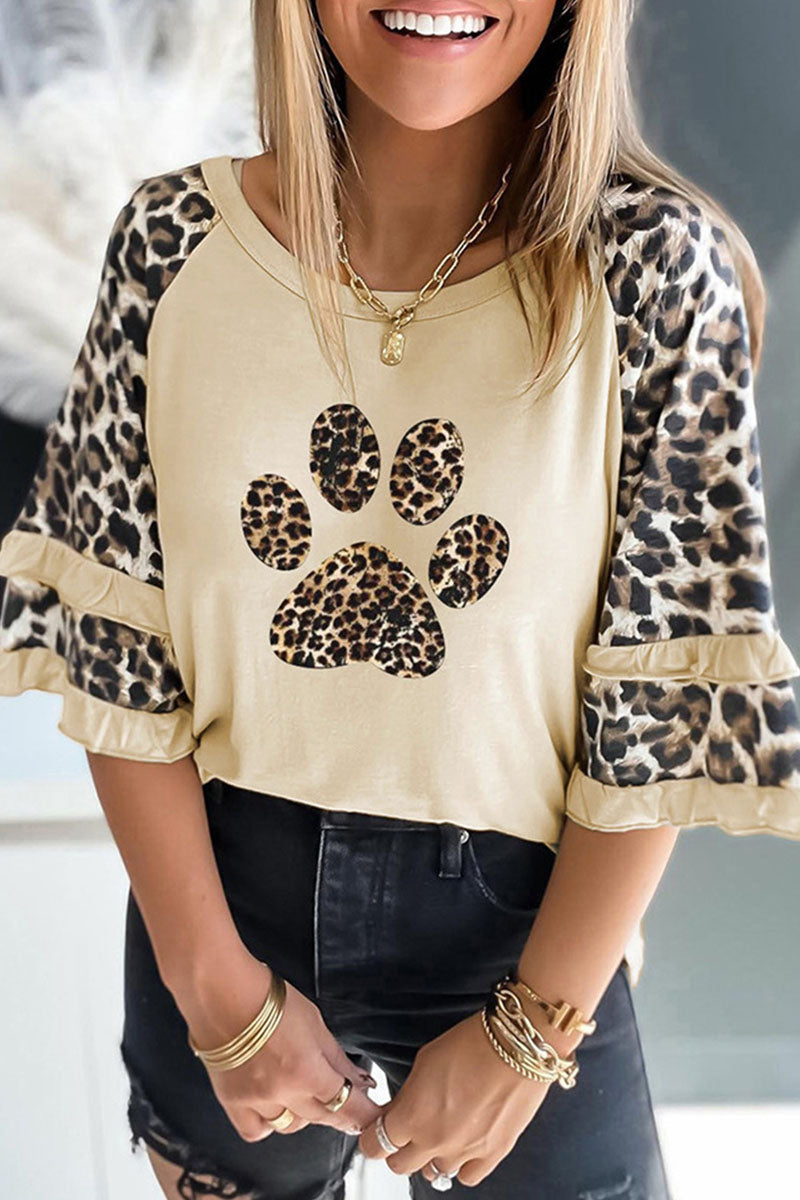 Casual Print Leopard Patchwork O Neck T-Shirts(5 Colors)