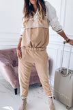 Casual Solid Patchwork Zipper Turndown Collar Long Sleeve Two Pieces(6 Colors)